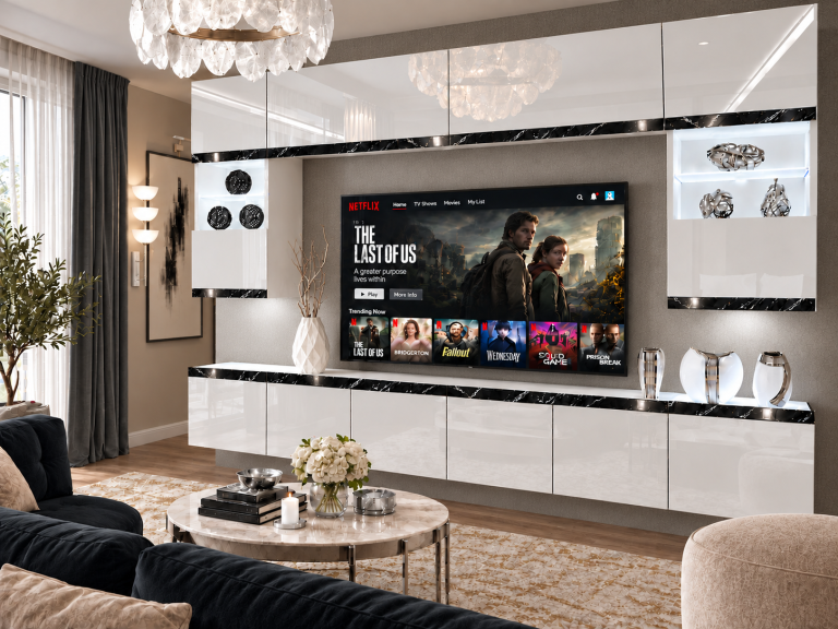 Mobilă de sufragerie Prestige 300 cm TV/RTV alb lucios Producător IMP P2 Nolan 1/5/W/W/0/0/CS