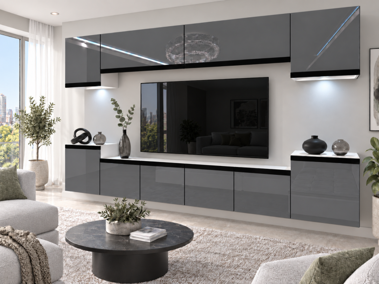 Mobilă de sufragerie Prestige 300 cm TV/RTV gri lucios Producător IMP P Hepburn 4/5/W/S/0/0/CM