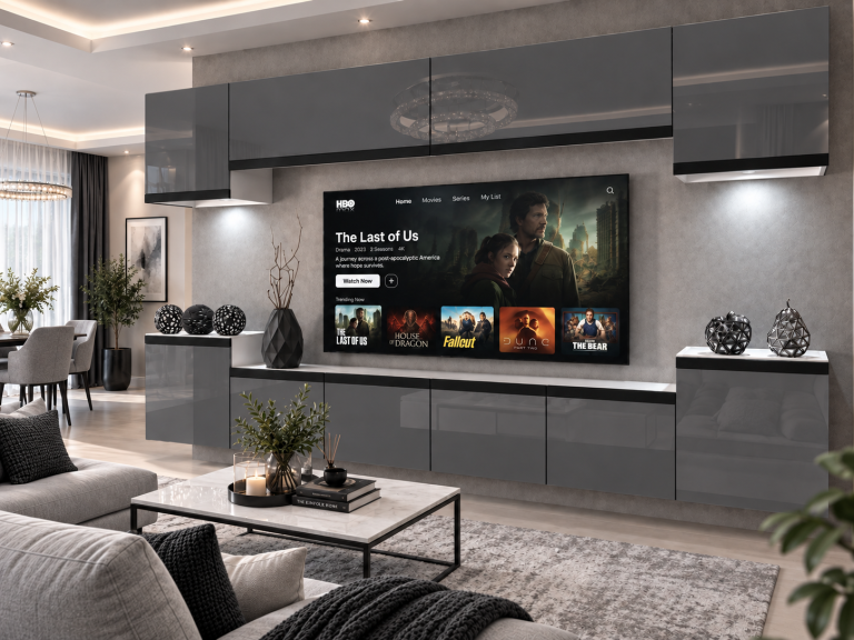 Mobilă de sufragerie Prestige 300 cm TV/RTV gri lucios Producător IMP P Hepburn 4/5/W/S/0/0/CM