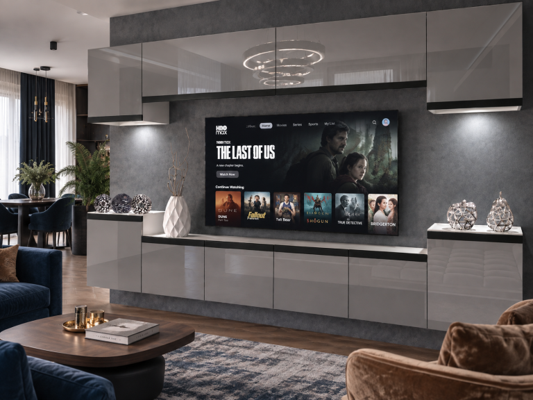 Mobilă de sufragerie Prestige 300 cm TV/RTV gri lucios Producător IMP P Hepburn 4/5/W/S/0/0/CM