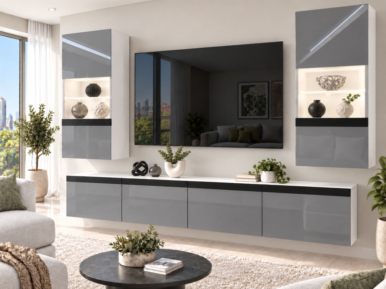 Mobilă sufragerie Prestige 200 cm pentru TV/RTV, gri lucios, Producător: IMP P Keanu 7/5/W/S/0/0/CS