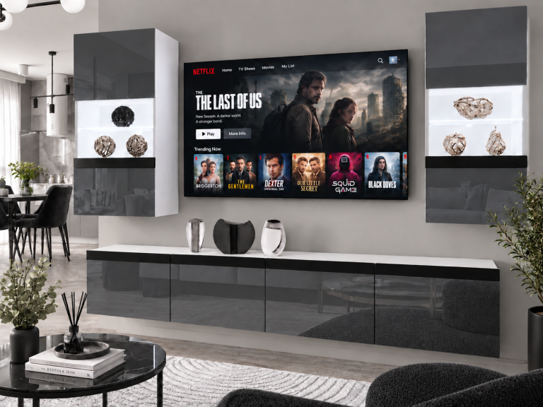 Mobilă sufragerie Prestige 200 cm pentru TV/RTV, gri lucios, Producător: IMP P Keanu 7/5/W/S/0/0/CS