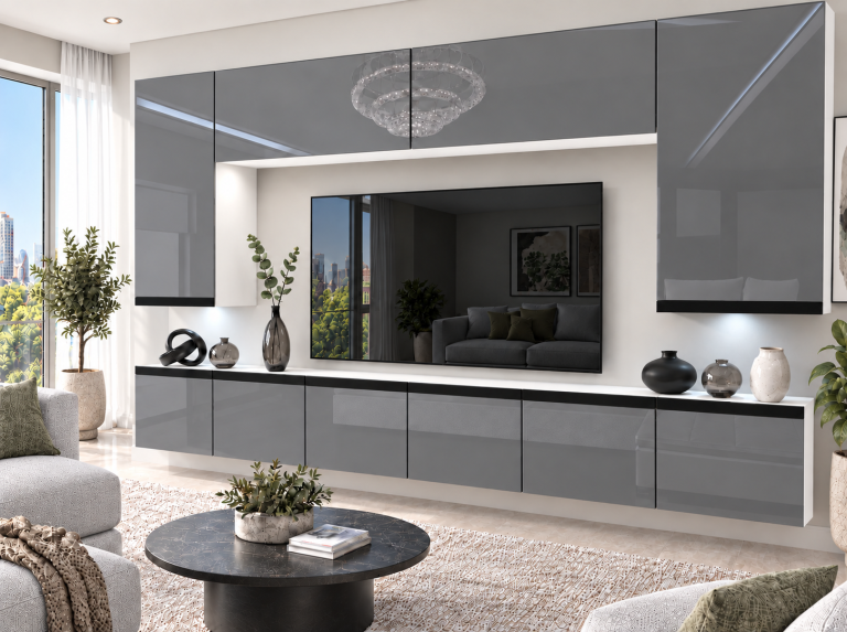 Mobilă de sufragerie Prestige 300 cm TV/RTV gri lucios Producător IMP P Monroe 2/5/W/S/0/0/CM
