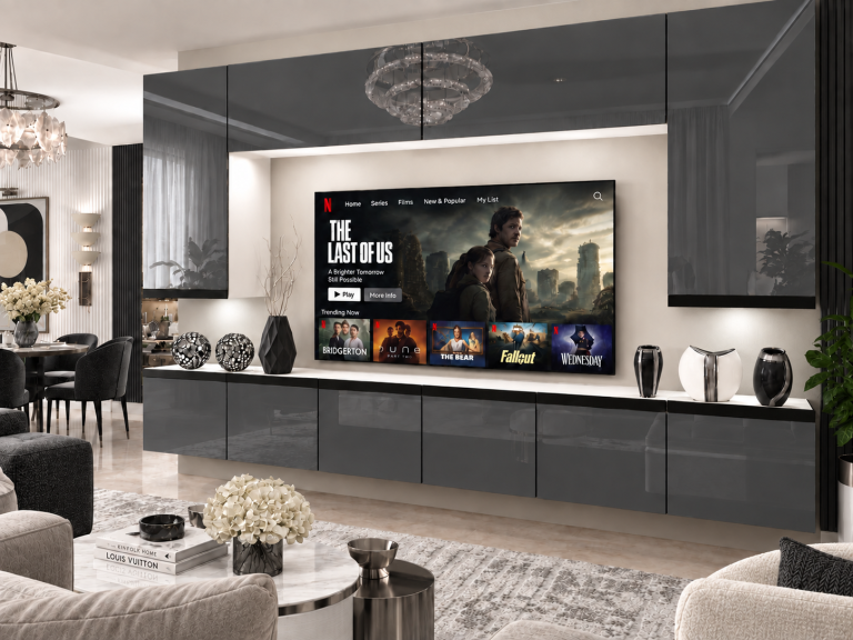 Mobilă de sufragerie Prestige 300 cm TV/RTV gri lucios Producător IMP P Monroe 2/5/W/S/0/0/CM