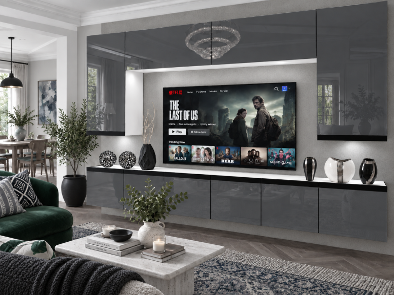 Mobilă de sufragerie Prestige 300 cm TV/RTV gri lucios Producător IMP P Monroe 2/5/W/S/0/0/CM