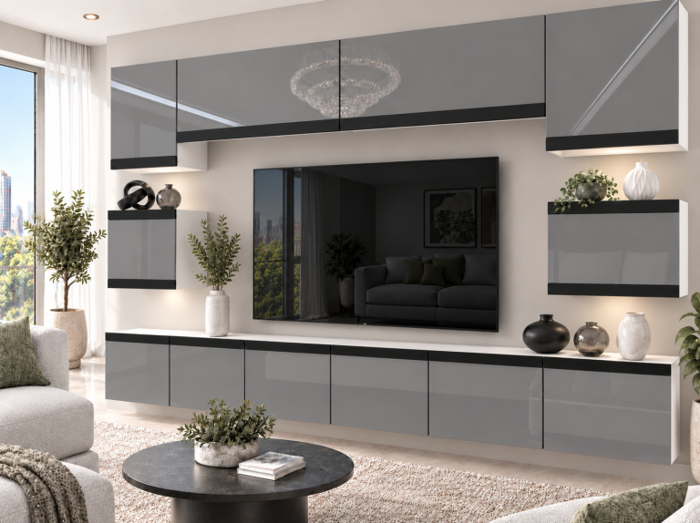 Mobilă de sufragerie  Prestige 300 cm TV/RTV gri lucios Producător IMP P Tarantino 3/5/W/S/0/0/CM