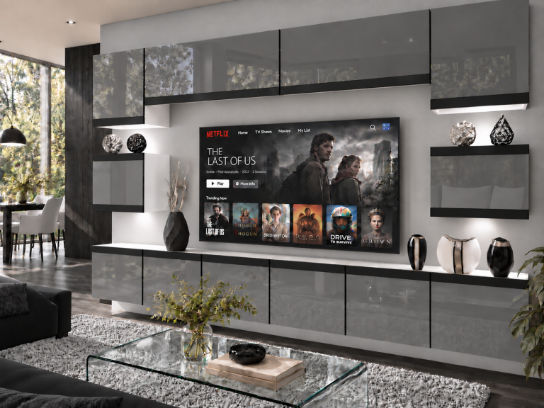 Mobilă de sufragerie  Prestige 300 cm TV/RTV gri lucios Producător IMP P Tarantino 3/5/W/S/0/0/CM