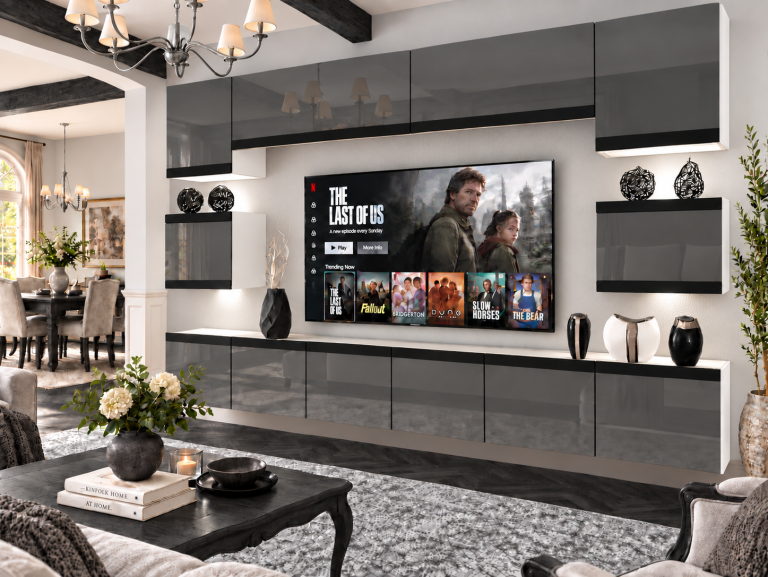 Mobilă de sufragerie  Prestige 300 cm TV/RTV gri lucios Producător IMP P Tarantino 3/5/W/S/0/0/CM