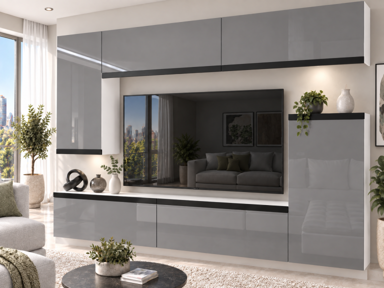 Mobilă sufragerie Prestige 250 cm pentru TV/RTV, gri lucios, Producător: IMP P Woody 8/5/W/S/0/0/CM