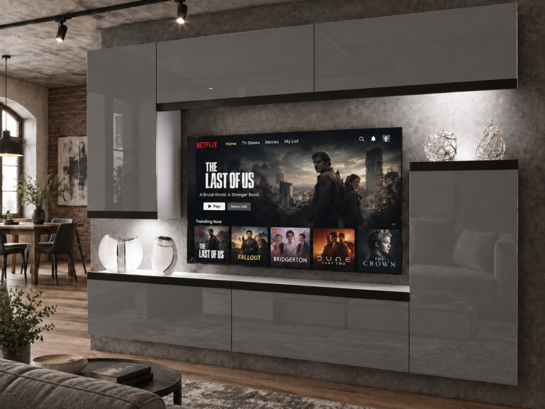 Mobilă sufragerie Prestige 250 cm pentru TV/RTV, gri lucios, Producător: IMP P Woody 8/5/W/S/0/0/CM