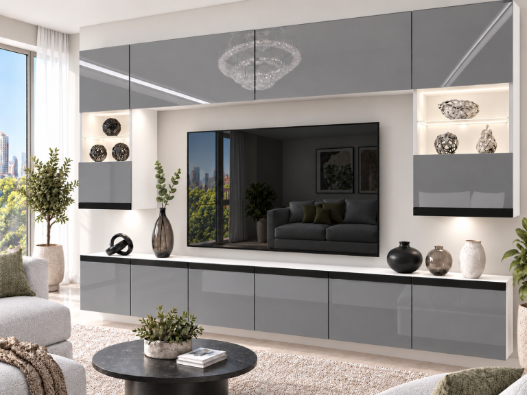 Mobilă de sufragerie Prestige 300 cm TV/RTV gri lucios Producător IMP P1 Nolan 1/5/W/S/0/0/CM