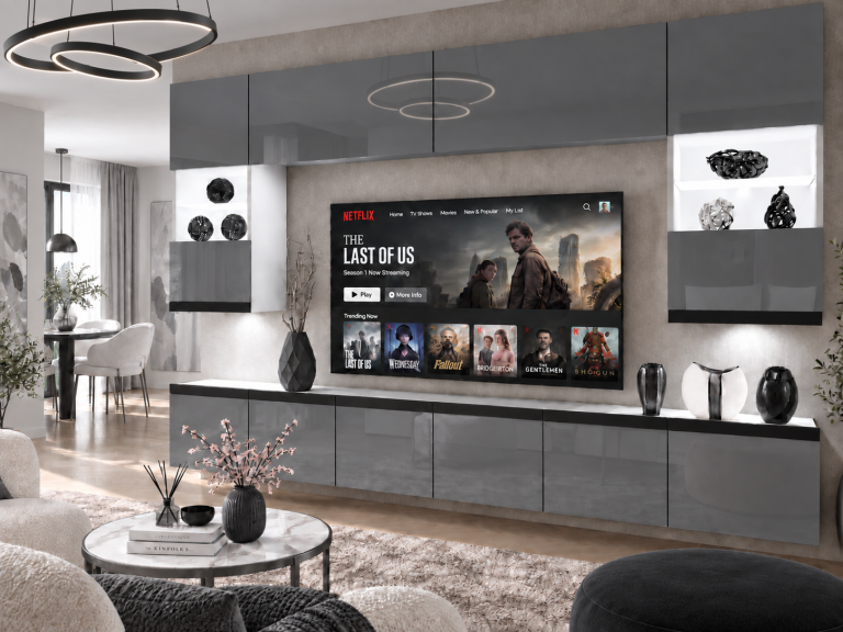 Mobilă de sufragerie Prestige 300 cm TV/RTV gri lucios Producător IMP P1 Nolan 1/5/W/S/0/0/CM