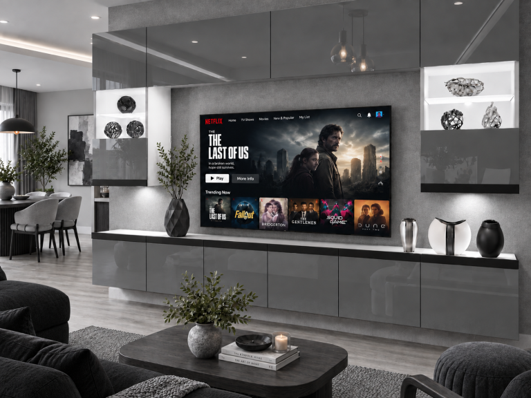 Mobilă de sufragerie Prestige 300 cm TV/RTV gri lucios Producător IMP P1 Nolan 1/5/W/S/0/0/CM