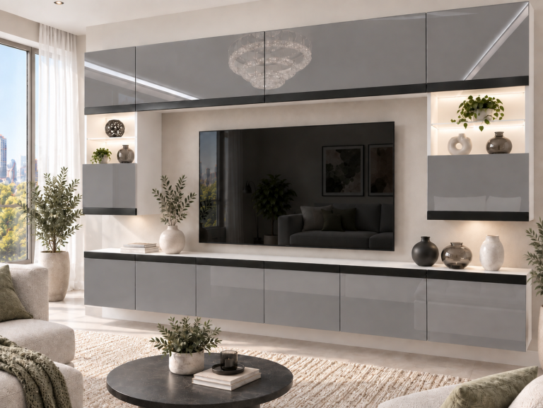 Mobilă de sufragerie Prestige 300 cm TV/RTV gri lucios Producător IMP P2 Nolan 1/5/W/S/0/0/CM