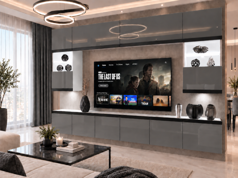 Mobilă de sufragerie Prestige 300 cm TV/RTV gri lucios Producător IMP P2 Nolan 1/5/W/S/0/0/CM