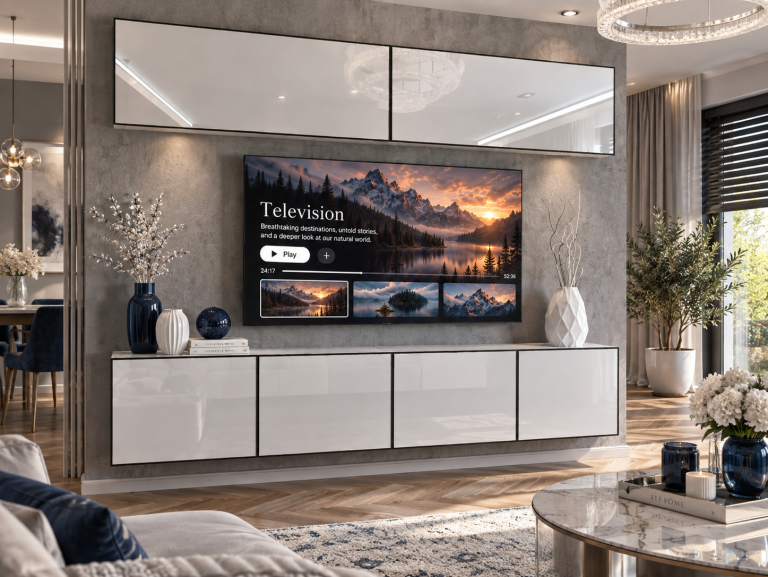 Mobilă de sufragerie Linea 200 cm TV/RTV alb lucios Producător IMP L Brando 6/5/W/W/0/0