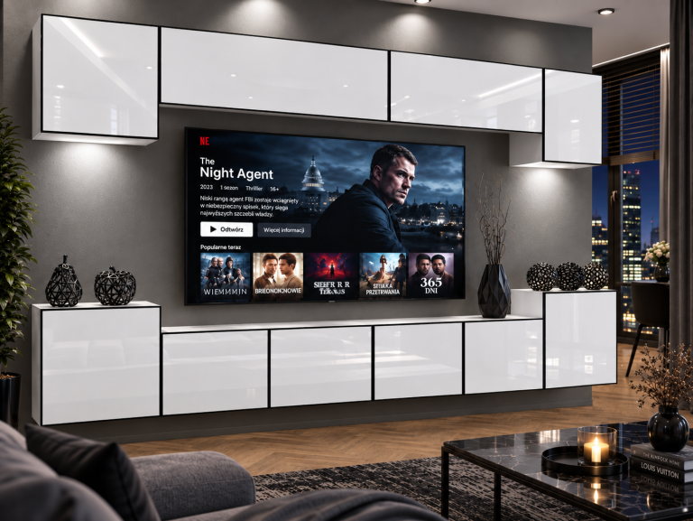 Mobilă de sufragerie  Linea 300 cm TV/RTV alb lucios Producător IMP L Hepburn 4/5/W/W/0/0