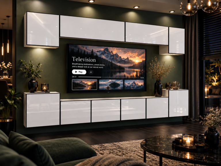 Mobilă de sufragerie  Linea 300 cm TV/RTV alb lucios Producător IMP L Hepburn 4/5/W/W/0/0