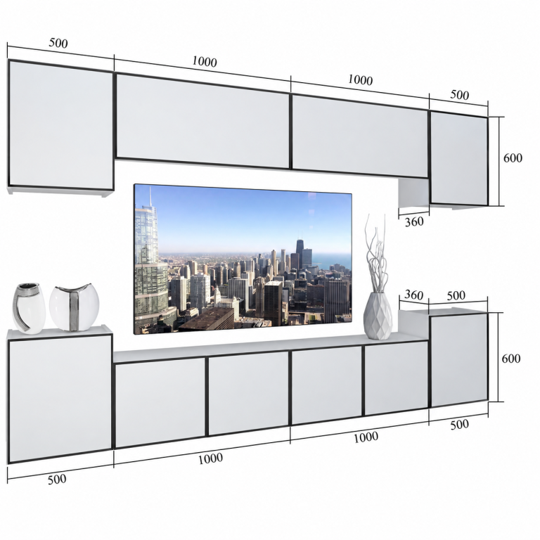 Mobilă de sufragerie  Linea 300 cm TV/RTV alb lucios Producător IMP L Hepburn 4/5/W/W/0/0