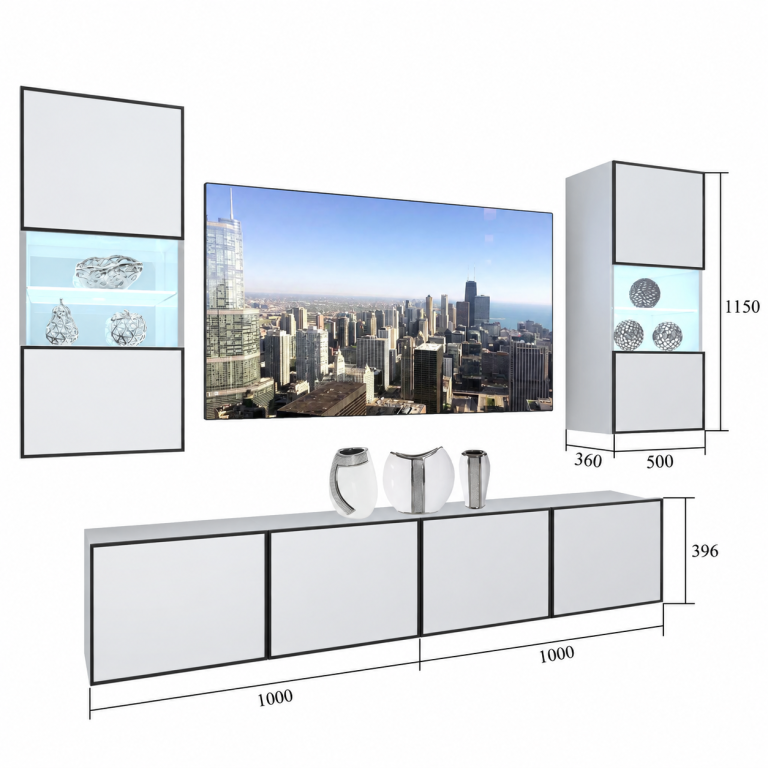 Mobilă de sufragerie Linea 200 cm TV/RTV alb lucios Producător IMP L Keanu 7/5/W/W/0/0