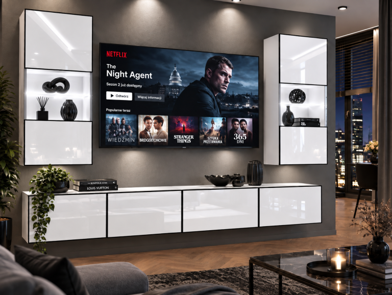 Mobilă de sufragerie Linea 200 cm TV/RTV alb lucios Producător IMP L Keanu 7/5/W/W/0/0