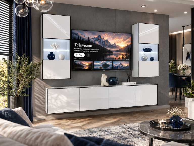 Mobilă de sufragerie Linea 200 cm TV/RTV alb lucios Producător IMP L Keanu 7/5/W/W/0/0