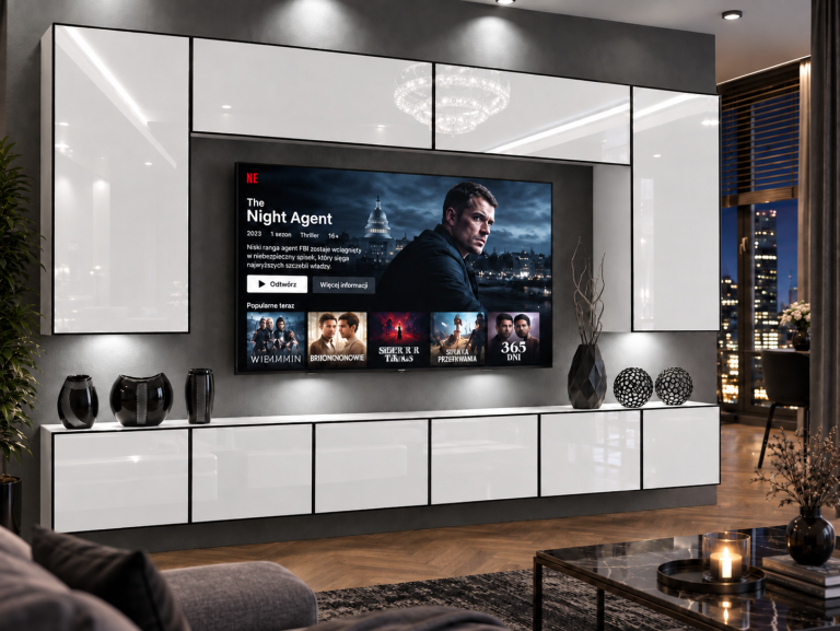 Mobilă de sufragerie Linea 300 cm TV/RTV alb lucios Producător IMP L Monroe 2/5/W/W/0/0