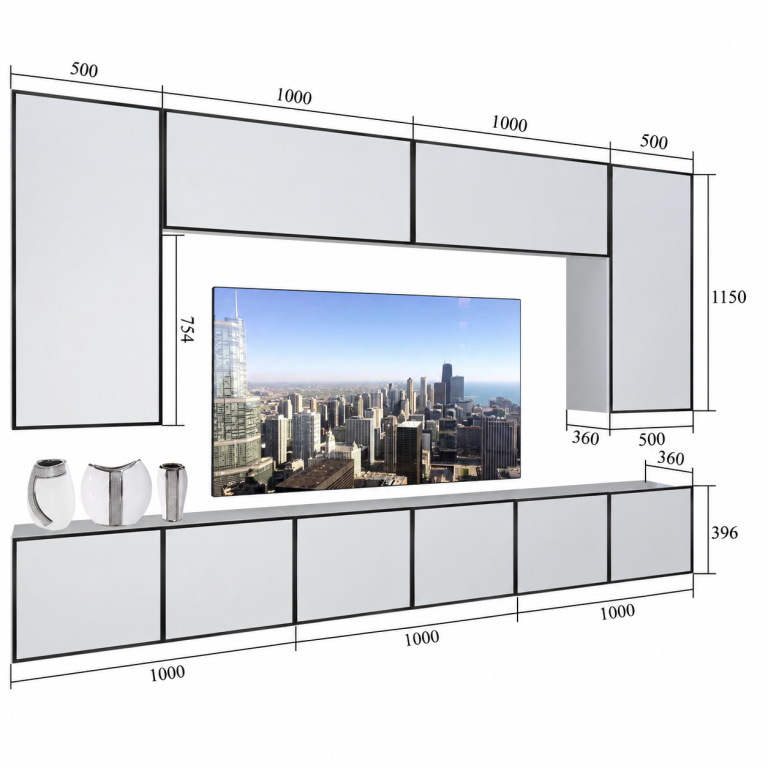 Mobilă de sufragerie Linea 300 cm TV/RTV alb lucios Producător IMP L Monroe 2/5/W/W/0/0