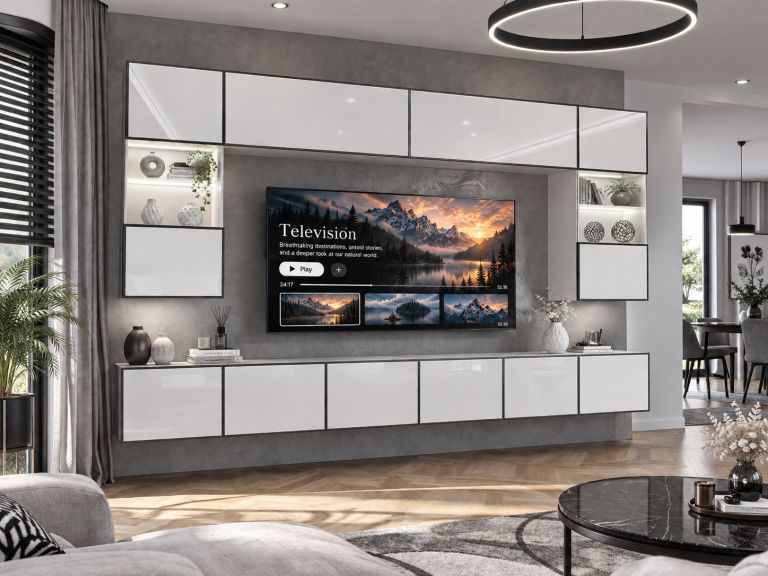 Mobilă de sufragerie Linea 300 cm TV/RTV alb lucios Producător IMP L Nolan 1/5/W/W/0/0