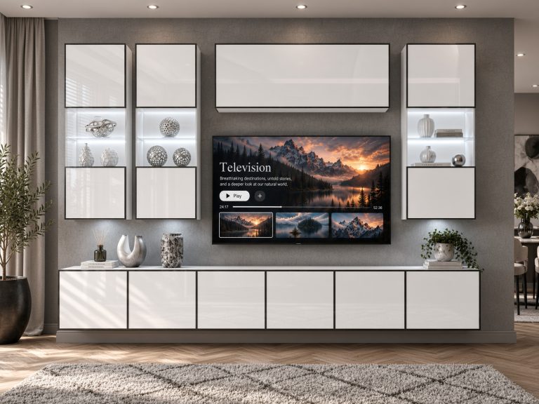 Mobilă de sufragerie Linea 300 cm TV/RTV alb lucios Producător IMP L Pacino 5/5/W/W/0/0