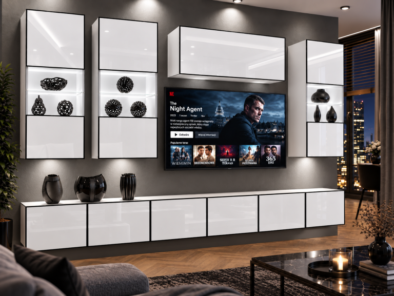 Mobilă de sufragerie Linea 300 cm TV/RTV alb lucios Producător IMP L Pacino 5/5/W/W/0/0