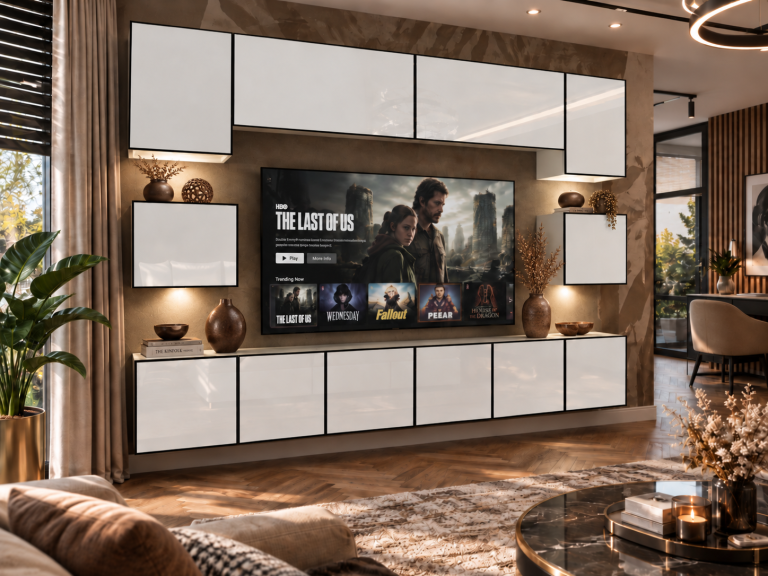 Mobilă de sufragerie Linea 300 cm TV/RTV alb lucios Producător IMP L Tarantino 3/5/W/W/0/0