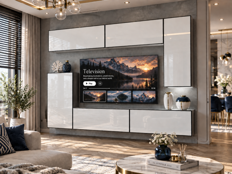 Mobilă de sufragerie Linea 250 cm TV/RTV alb lucios Producător IMP L Woody 8/5/W/W/0/0