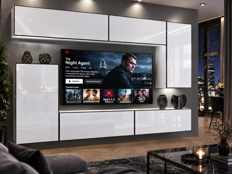 Mobilă de sufragerie Linea 250 cm TV/RTV alb lucios Producător IMP L Woody 8/5/W/W/0/0