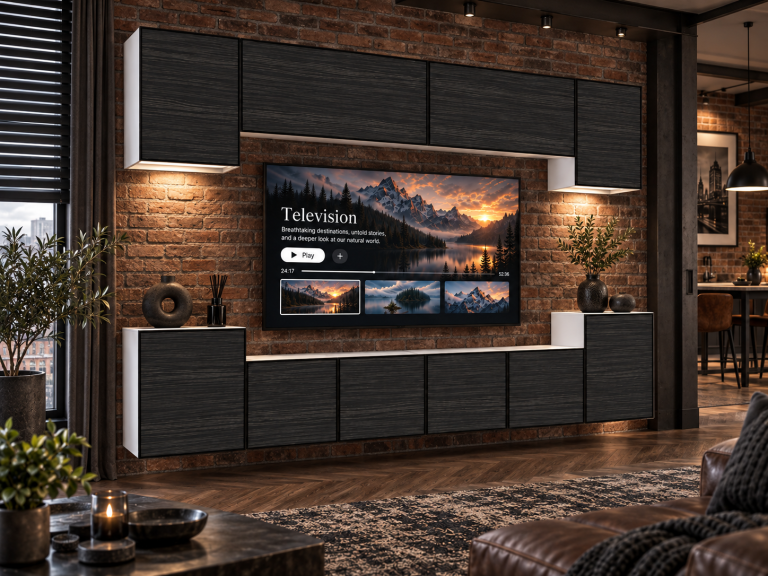 Mobilă de sufragerie Linea 300 cm TV/RTV negru abanos Producător IMP L Hepburn 4/5/W/HK/0/0