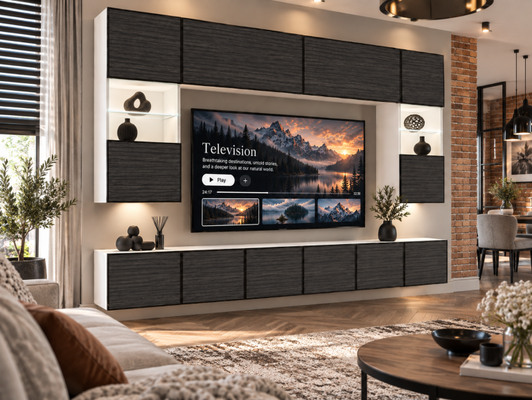 Mobilă de sufragerie Linea 300 cm TV/RTV negru abanos Producător IMP L Nolan 1/5/W/HK/0/0