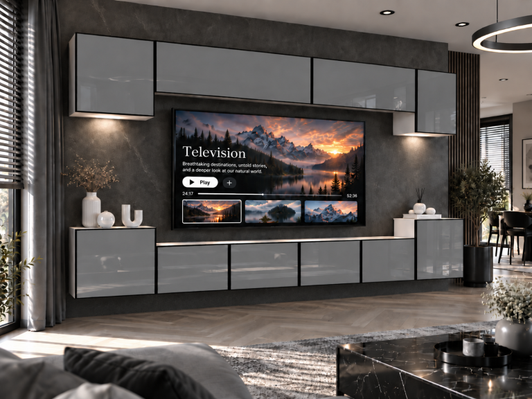 Mobilă de sufragerie  Linea 300 cm TV/RTV gri lucios Producător IMP L Hepburn 4/5/W/S/0/0