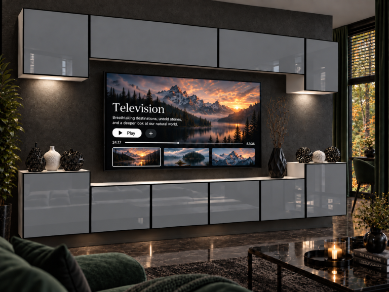 Mobilă de sufragerie  Linea 300 cm TV/RTV gri lucios Producător IMP L Hepburn 4/5/W/S/0/0