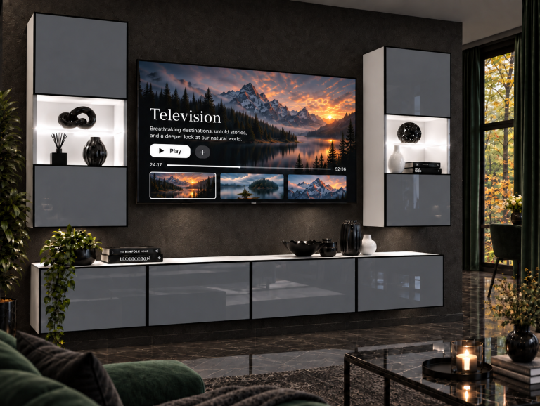 Mobilă de sufragerie Linea 200 cm TV/RTV gri lucios Producător IMP L Keanu 7/5/W/S/0/0