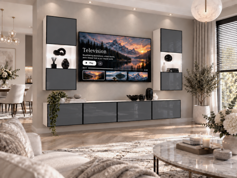 Mobilă de sufragerie Linea 200 cm TV/RTV gri lucios Producător IMP L Keanu 7/5/W/S/0/0