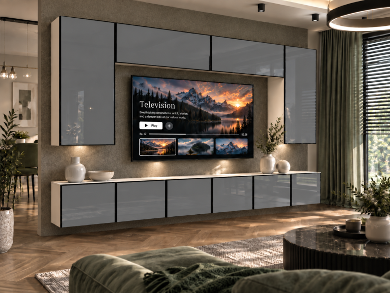 Mobilă de sufragerie Linea 300 cm TV/RTV gri lucios Producător IMP L Monroe 2/5/W/S/0/0