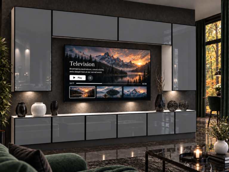 Mobilă de sufragerie Linea 300 cm TV/RTV gri lucios Producător IMP L Monroe 2/5/W/S/0/0