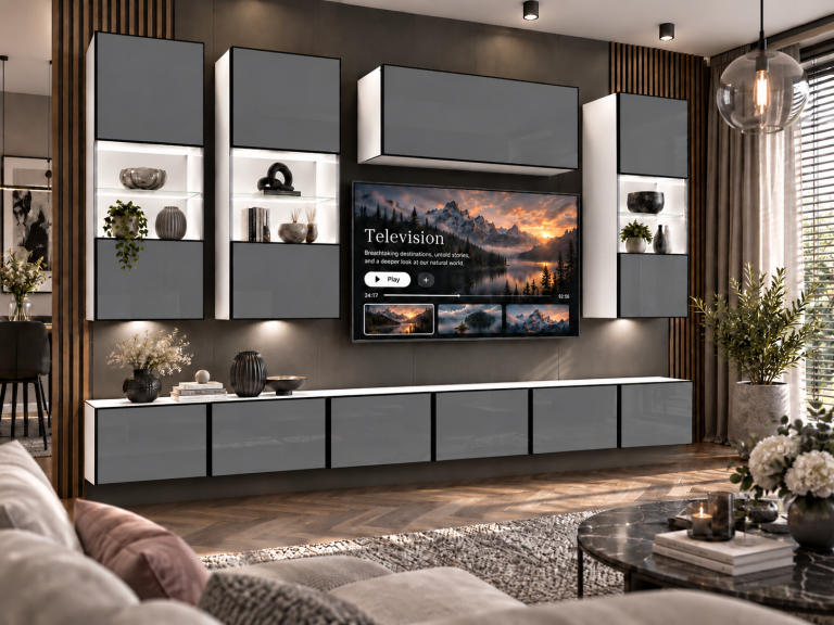 Mobilă de sufragerie Linea 300 cm TV/RTV gri lucios Producător IMP L Pacino 5/5/W/S/0/0
