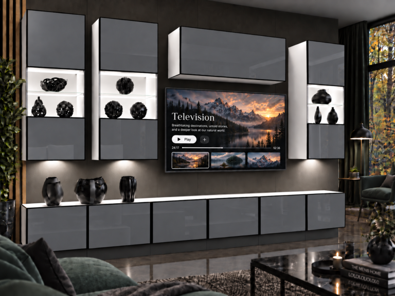 Mobilă de sufragerie Linea 300 cm TV/RTV gri lucios Producător IMP L Pacino 5/5/W/S/0/0