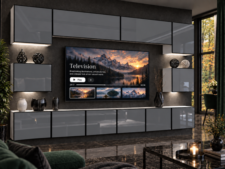Mobilă de sufragerie Linea 300 cm TV/RTV gri lucios Producător IMP L Tarantino 3/5/W/S/0/0