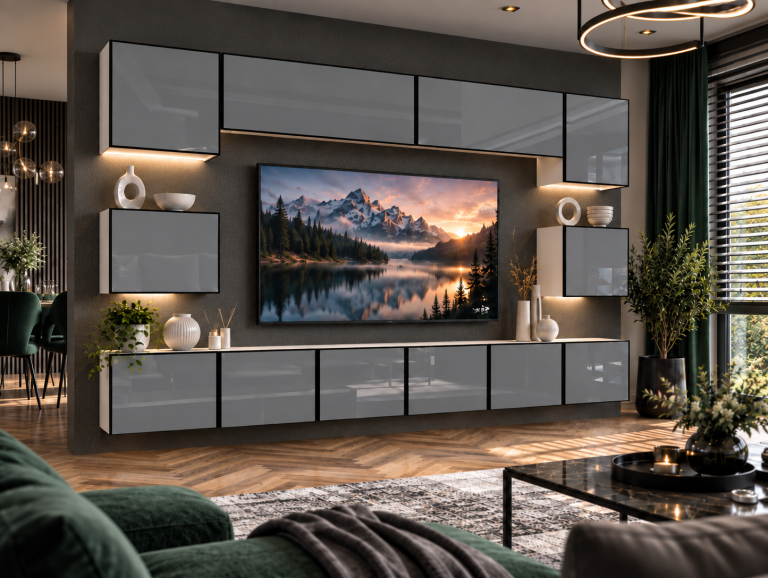 Mobilă de sufragerie Linea 300 cm TV/RTV gri lucios Producător IMP L Tarantino 3/5/W/S/0/0