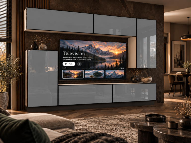 Mobilă de sufragerie Linea 250 cm TV/RTV gri lucios Producător IMP L Woody 8/5/W/S/0/0