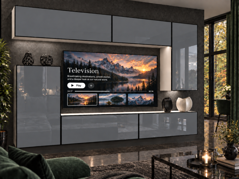 Mobilă de sufragerie Linea 250 cm TV/RTV gri lucios Producător IMP L Woody 8/5/W/S/0/0