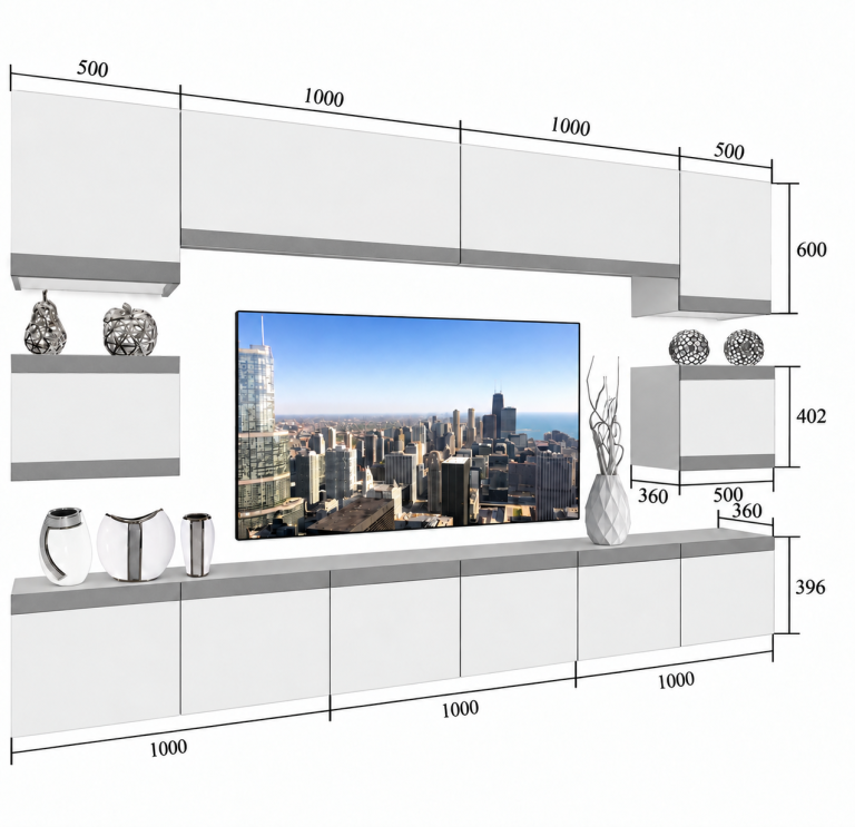 Mobilă de sufragerie  Prestige 300 cm TV/RTV gri lucios Producător IMP P Tarantino 3/5/W/S/0/0/SL