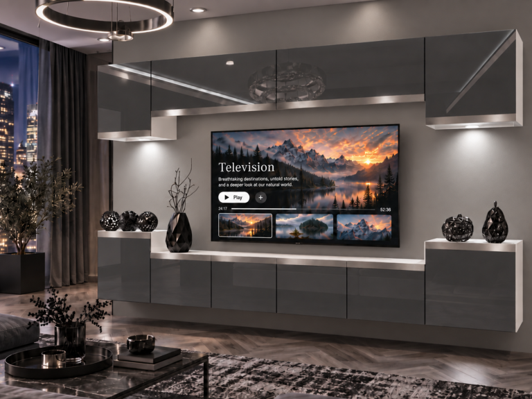 Mobilă de sufragerie Prestige 300 cm TV/RTV gri lucios Producător IMP P Hepburn 4/5/W/S/0/0/SL